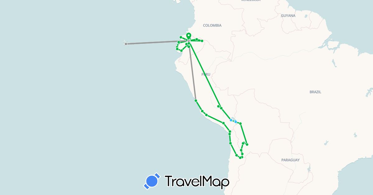 TravelMap itinerary: driving, bus, plane, boat in Bolivia, Chile, Ecuador, Peru (South America)